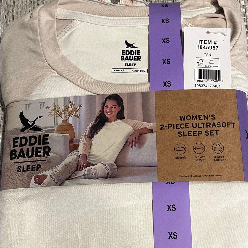NWT Eddie Bauer Women's Ultrasoft Pajama Set - Cream and Tan Size XS